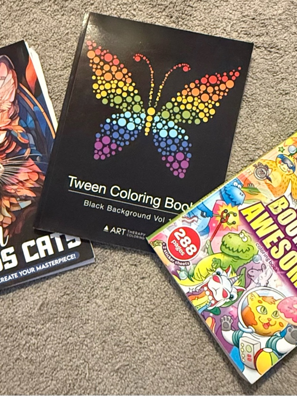 Lot of 3 Tween Coloring Book Black Background with Rainbow Butterfly